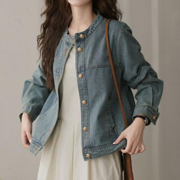 여성 라운드넥 노카라 데님 자켓 HH-E84