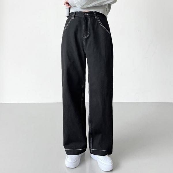 레트로 여성 스티치 일자 팬츠