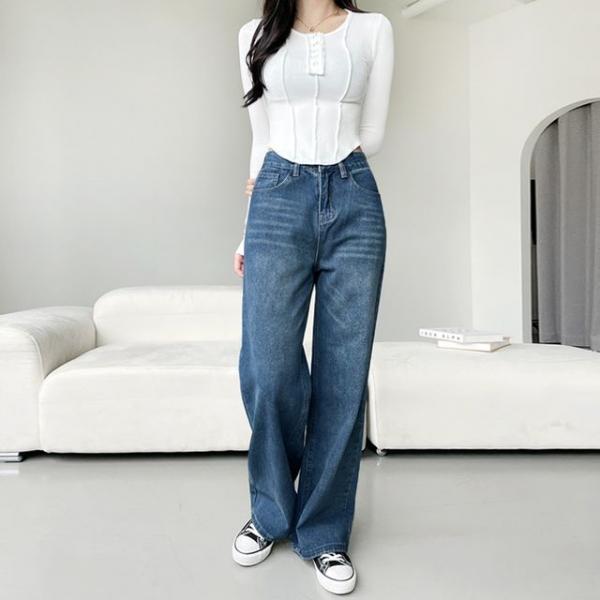캣워싱 세미 와이드 여성 데님 팬츠