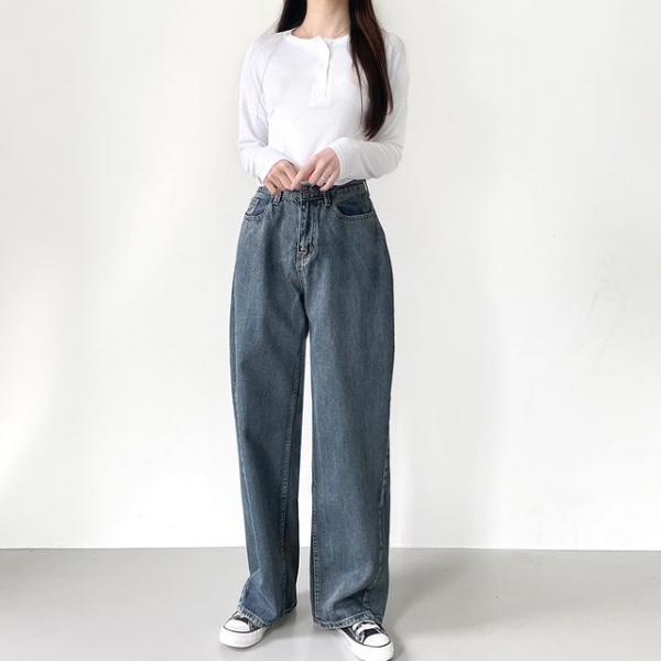 사선 절개 여성 세미 와이드 데님 팬츠