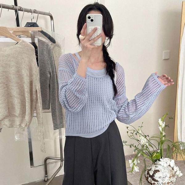 오버핏 레이어드 여성 펀칭 그물 니트