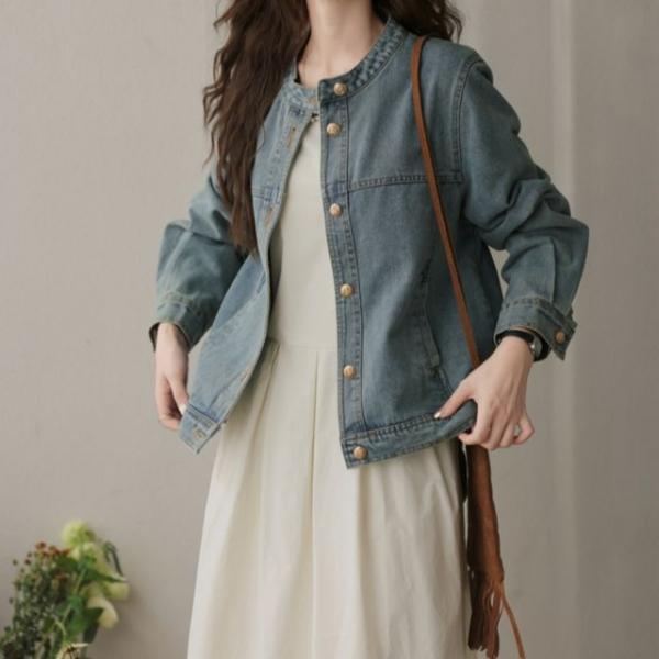 라운드넥 여성 노카라 데님 자켓
