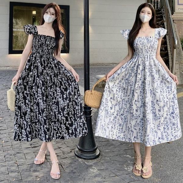 플라워 패턴 여성 스퀘어넥 원피스