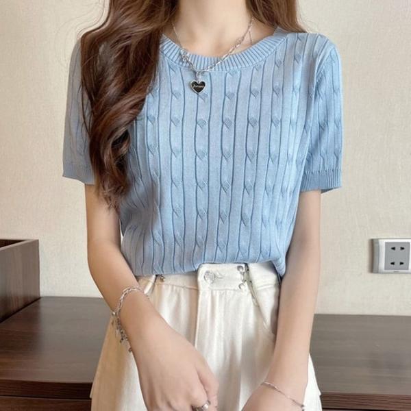 여성 꽈배기 심플 반팔 니트