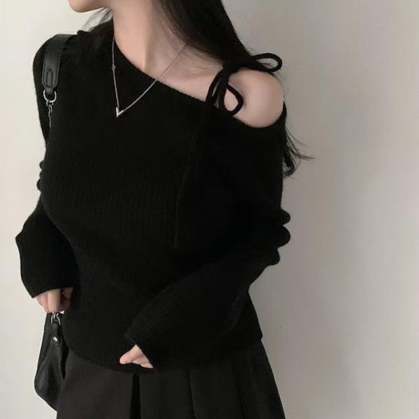 여성 리본끈 심플 오프숄 니트