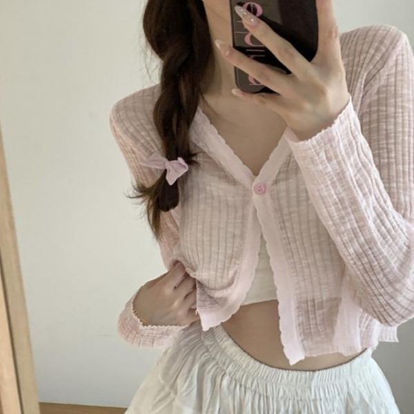 베이직 크롭 여성 시스루 가디건