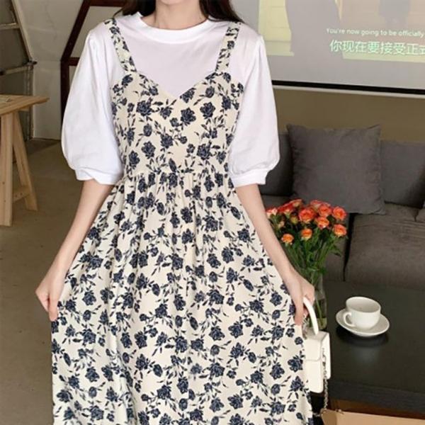 여성 플라워 원피스 티셔츠 일체형