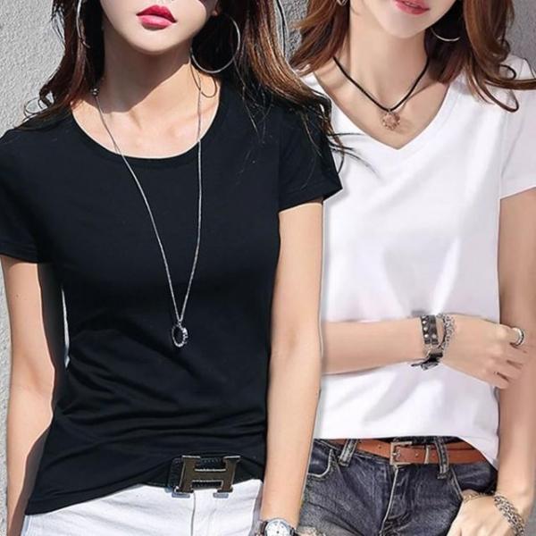 여성 데일리 베이직 반팔 브이넥 라운드 티셔츠 2colo
