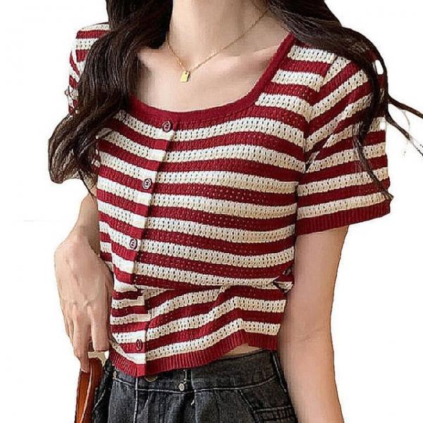 여성 여름 스트라이프 반팔티 데일리룩 니트 티셔츠