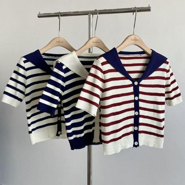 여성 마린 세일러 썸머 반팔 니트 가디건