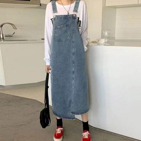 유니크 트렌디 여성 언발란스 데님 멜빵 롱 스커트