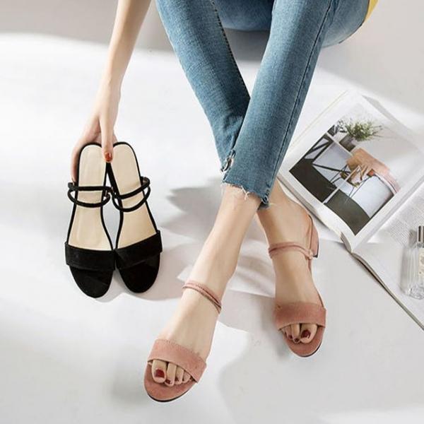 여성 두줄 스트랩샌들 여름 낮은굽 뮬 정장 슬리퍼