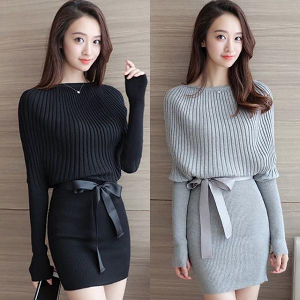 여성 숄더 허리끈 리본 디자인 드레스 원피스