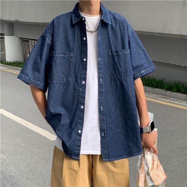 남성 캐주얼 오버핏 2컬러 데님 반팔 셔츠 청남방