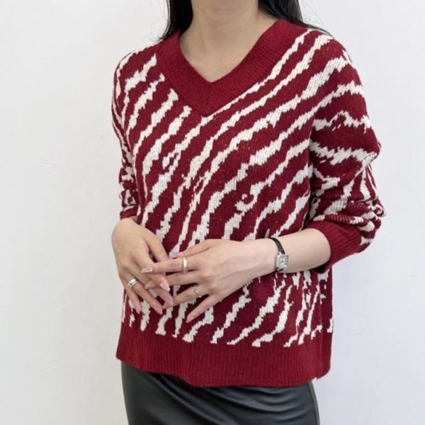 지브라 여성 니트 여자 겨울 가을 브이넥 니트 스웨터