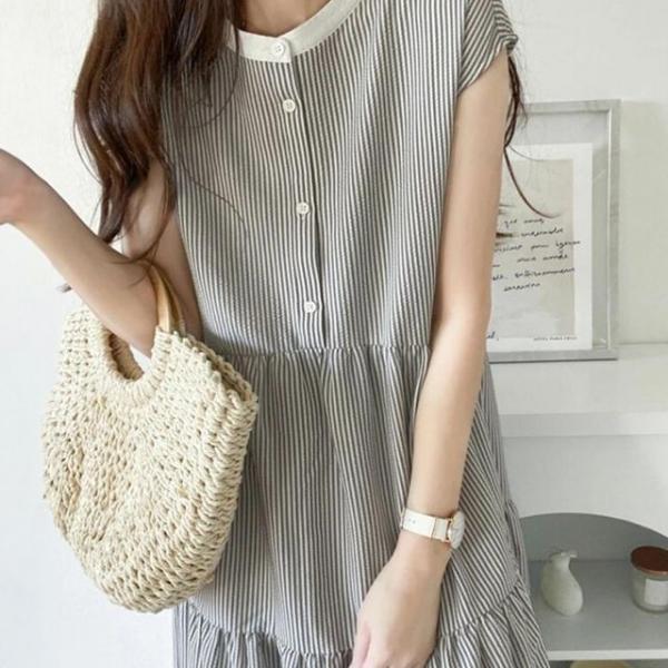 여성 여름 민소매 반팔 롱 바캉스 원피스 그레이