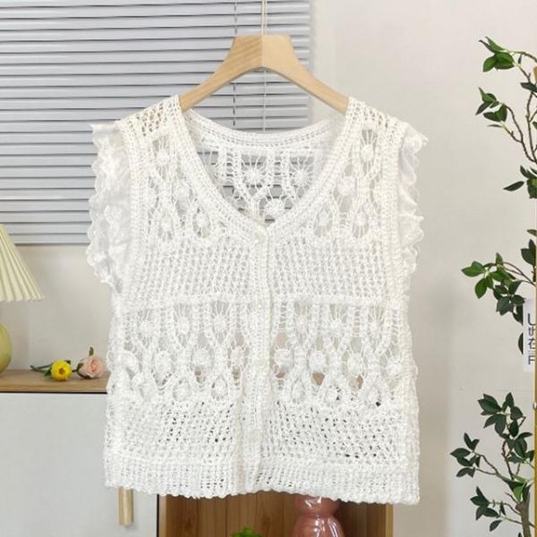 여성 크로셰 베스트 여름 뜨개 조끼 가디건 화이트