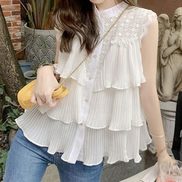 여성 민소매 쉬폰 레이스 블라우스 여름 브라우스