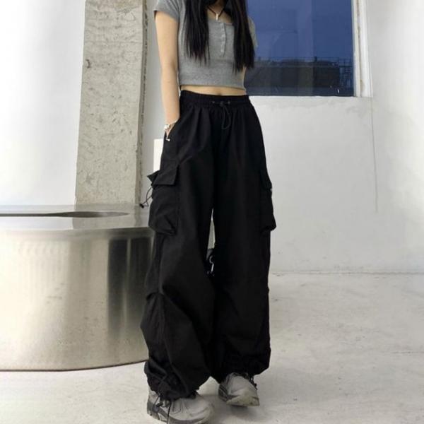 와이드 밴딩 스트링 여성 카고 팬츠 캐주얼 통바지