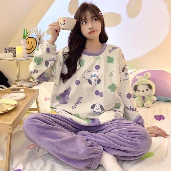 포도강아지 여성 겨울 극세사 수면잠옷 홈웨어 파자마