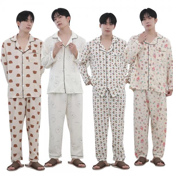 남성 포포면 단추 카라 긴팔 잠옷 상하세트 홈웨어 파자마 실내복 여자빅사이즈 가을 커플 가족