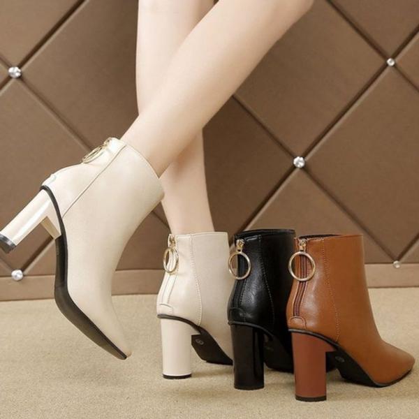 여성 앵클 디자인 지퍼 가죽 사각 부츠