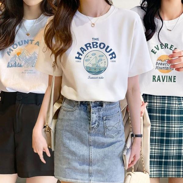 여성 면 프린팅 레터링 여름 흰 반팔 티 셔츠