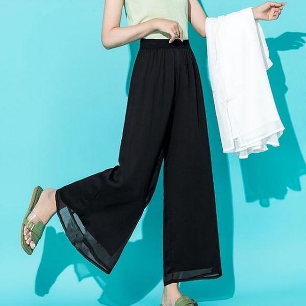 여성 얇은 여름 쉬폰 통바지 1P 밴딩 와이드팬츠 바지