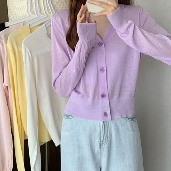 여성 캐주얼 여름 브이넥 시스루 가디건