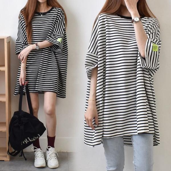 여성 스트라이프 반팔 롱 티셔츠 HH-E56