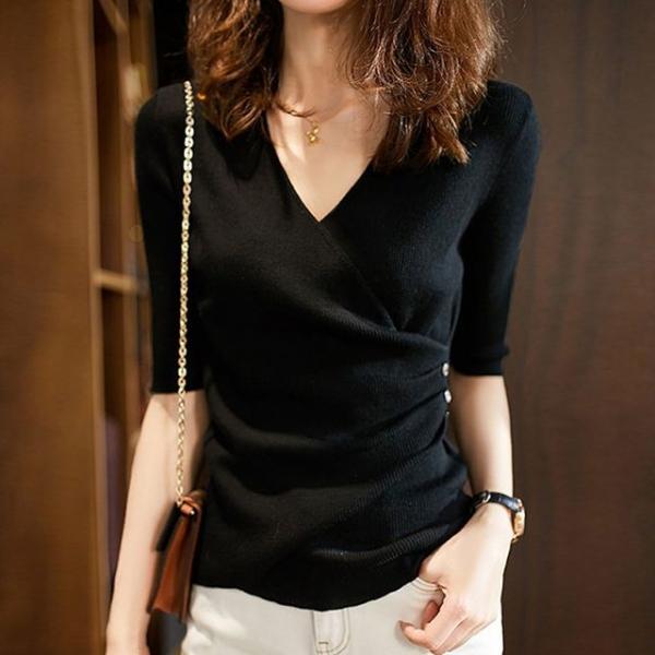 여성 상의 7부 반팔 브이넥 니트 티셔츠 블랙