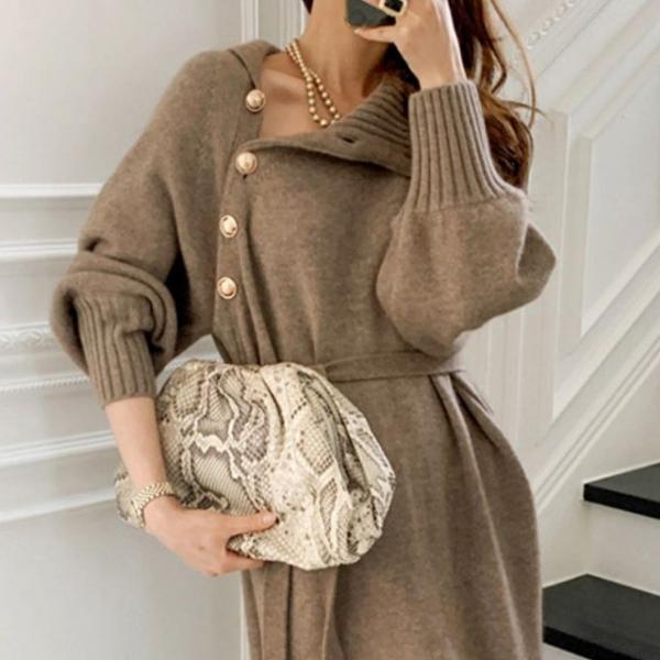 여성 가을 겨울 니트 목폴라 터틀렉 롱 원피스 브라운