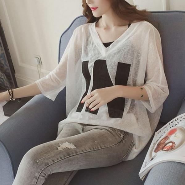 여성 여름 나시 반팔 시스루 티 셔츠 세트 화이트