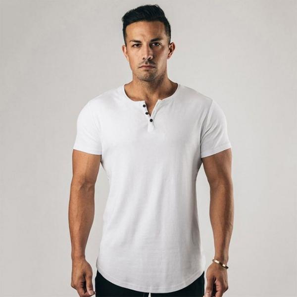 남자 소프트코튼 라운드티셔츠 단추 헨리넥 반팔티