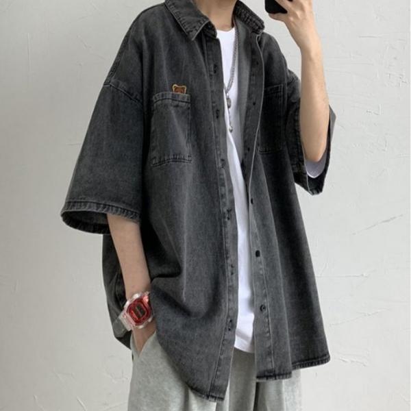 남자 오버핏 데님 반팔셔츠 포켓베어 캐주얼코디