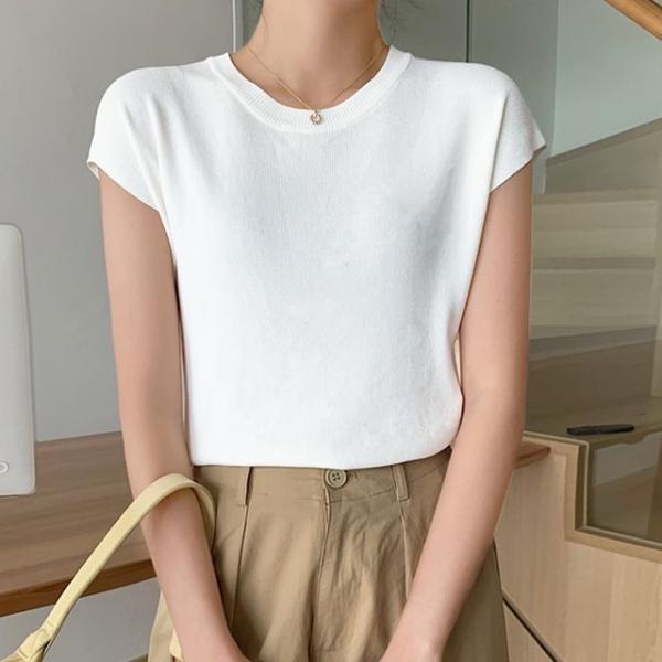여름 여성 라운드 넥 무지 예쁜 반팔 니트 티 화이트