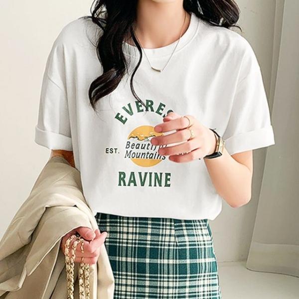 여성 면 프린팅 레터링 여름 흰 반팔 티 에베레스트
