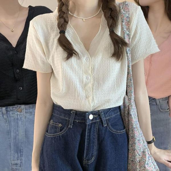 여자 여름 반팔 블라우스 여성 브이넥 브라우스