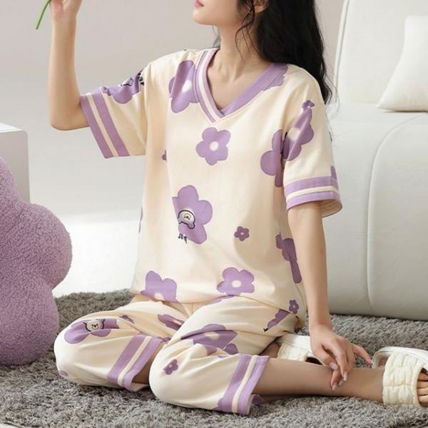 (퍼플플라워)여성 여름 잠옷 홈웨어 파자마 밴딩 세트