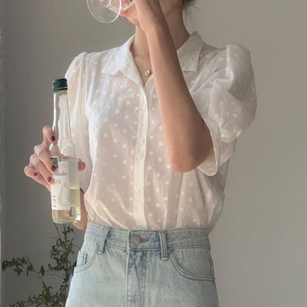 여성 청순 시스루 퍼프 소매 반팔 카라 블라우스 셔츠