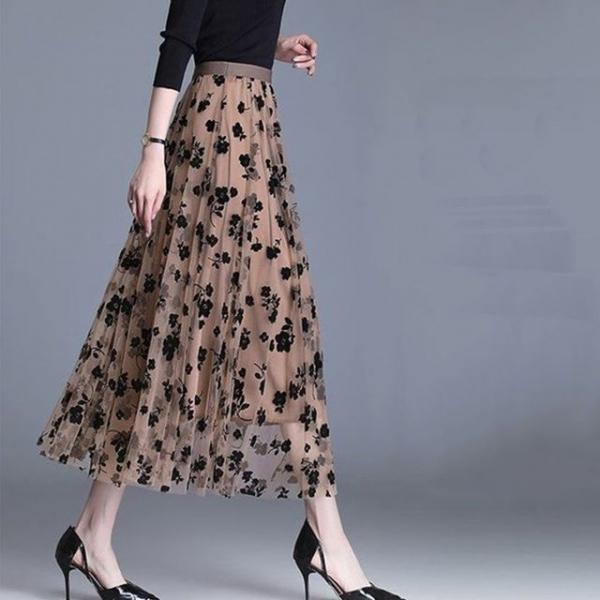 여성 밴딩 쉬폰치마 플라워 스커트 검정치마 플레어