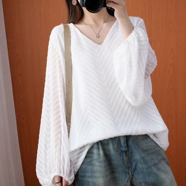 여성 봄 가을 패턴 브이넥 벌룬 긴팔 블라우스 화이트