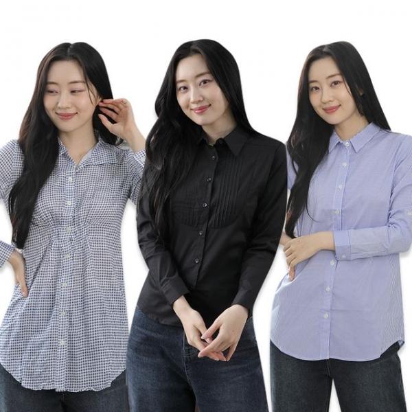 여성 셔츠 블랙 스트라이프 체크 스판 남방 블라우스