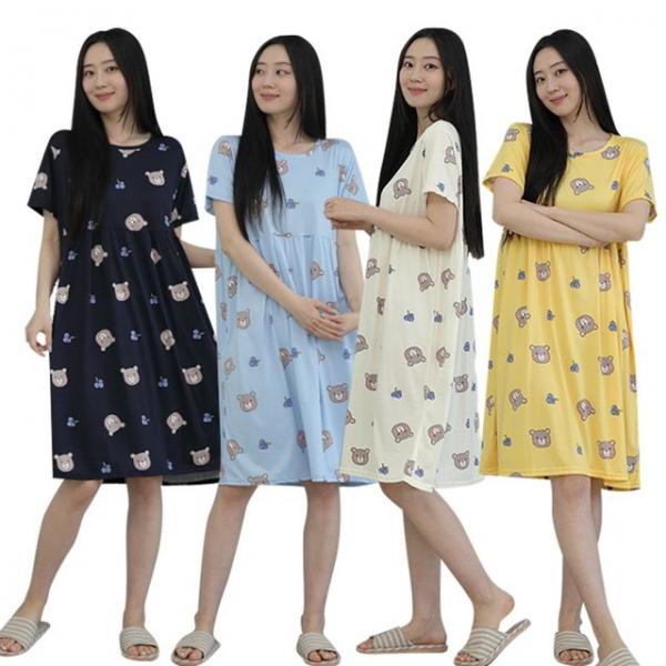 여성 피치 반팔 원피스 A라인 스판 홈웨어 파자마 ops