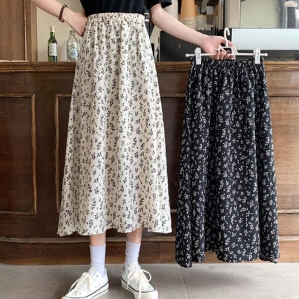 여자 봄 여름 꽃 플라워패턴 흰색 얇은 A라인 롱치마