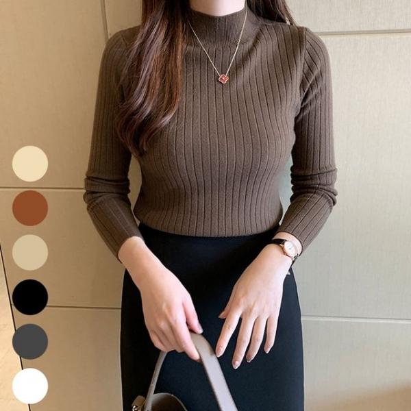 여자 쫀쫀한 골지 반목 니트 하프넥 긴팔 티셔츠