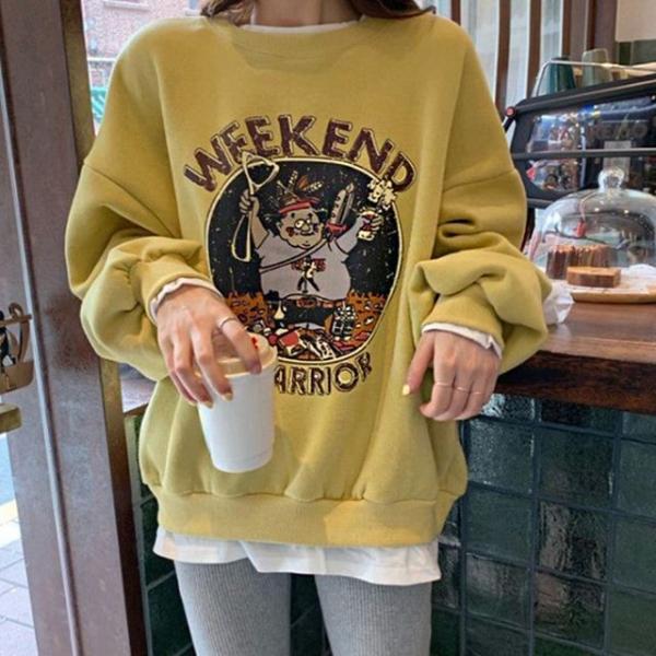 여성 레이어드 레터링 포인트 루즈핏 기모 맨투맨