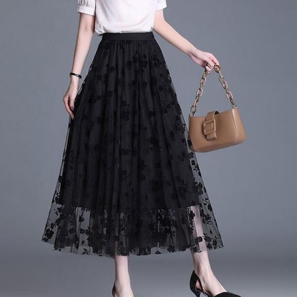 여성 플라워 밴딩 쉬폰치마 스커트 플레어 검정치마