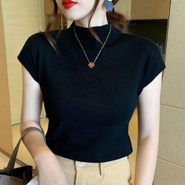여성 여름 니트 패션 반목 캡소매 반팔 니트 티셔츠