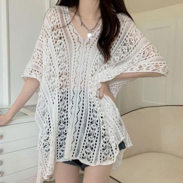 여성 여름 브이 펀칭 니트 커버업 1P 휴양지 바캉스룩